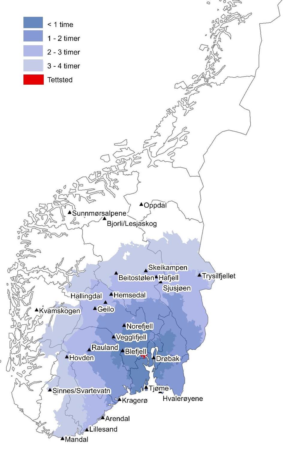 Fritidsbygg og -områder innen 4 timers kjøretid fra de største tettstedene i Norge