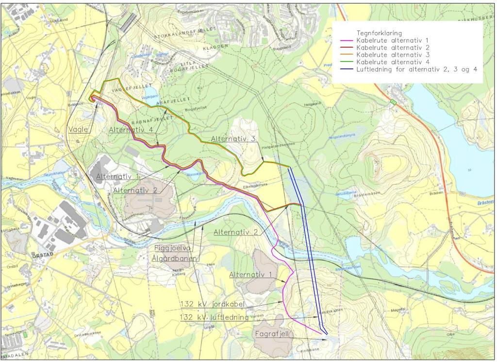 Vurderte jordkabelalternativer Fagrafjell - Vagle Alternativ Estimert kostnad Luftledning Luftledning Fagrafjell - Vagle 44 Jordkabel alt 1 Jordkabel Fagrafjell - Vagle 116 Jordkabel alt 2 Jordkabel
