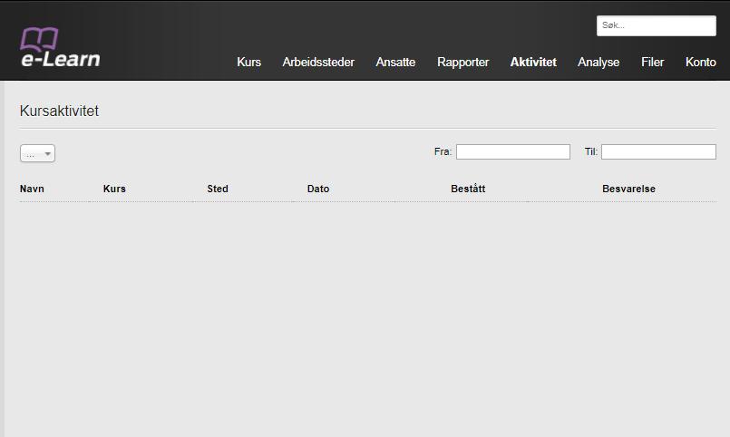 Introduksjon til e-learn Fanen Aktivitet gir deg den oversikt over alle som har tatt kurs.