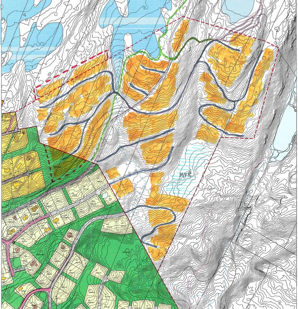 4. TILTAKET Foreløpig skisse for planlagt utbygging Type bebyggelse, størrelse, høyder Skissen over viser tomteområder i oransje, med plass til ca. 60-80 nye hyttetomter.