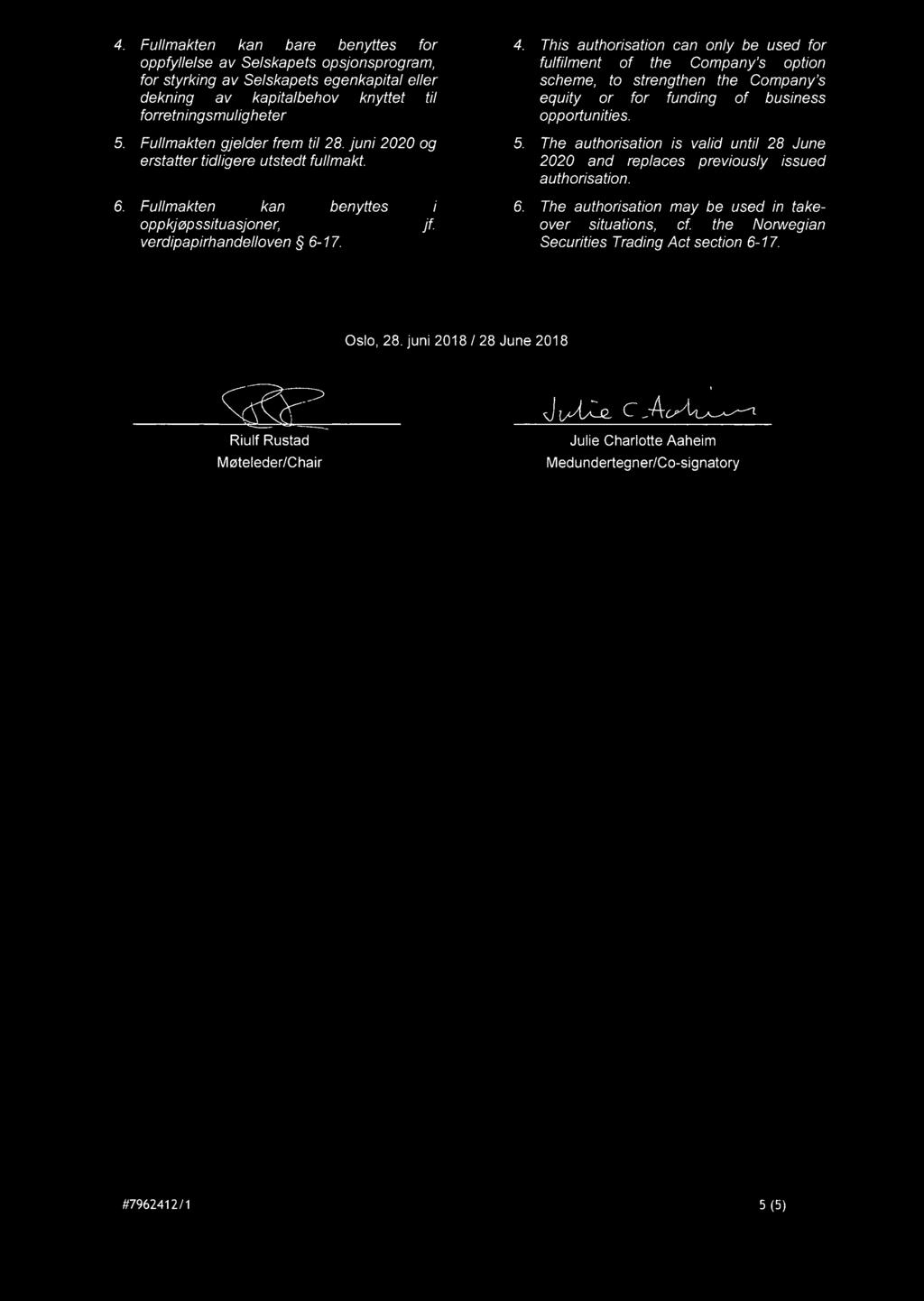 This authorisation can only be used for fulfilment of the Company's option scheme, to strengthen the Company's equity or for funding of business opportunities. 5.