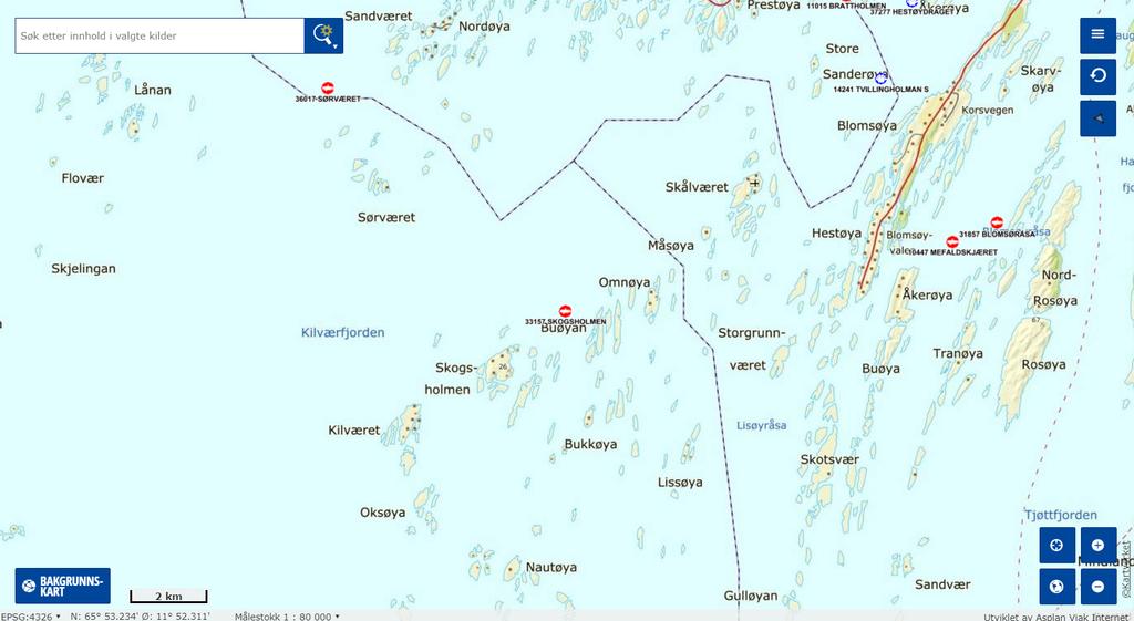 Figur 1: Oversiktskart som viser anleggsplassering og undersøkelsesområdet. Målestokk vises i venstre hjørne, kartkilde i 1:80 000 Kilde: Fiskeridirektoratets karttjeneste.