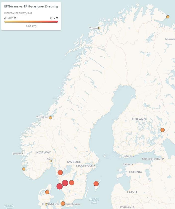 Figur 26 - Differanse mellom koordinater fra EPNs transformasjonsverktøy og koordinater til EPN-stasjoner i Norden i Z-retning. Vi ser av resultatene i tabell 18 at differansene er varierer fra 0.