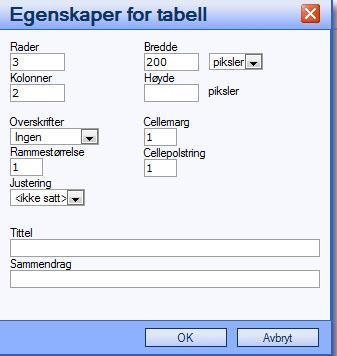 Sett inn tabell: Med å bruke tabell kan man få flere bilder på samme linje, og man kan enklere få en mer oversiktlig og fin tekst. Man kan med tabell også plassere tekst ved siden av bilder.