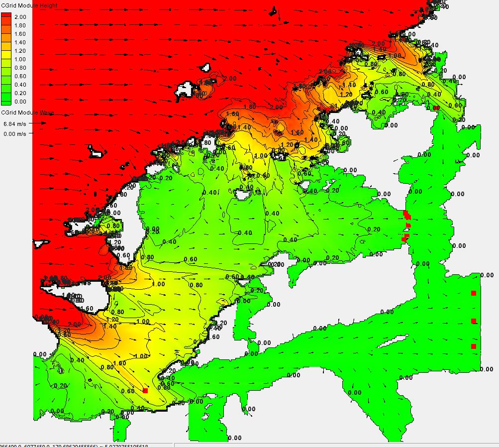 Denne bølgehøyden er så liten at den kan neglisjeres, men det er utført en statistisk beregning av de aktuelle bølgehøydene for alle de avmerkede punktene i Figur 3.