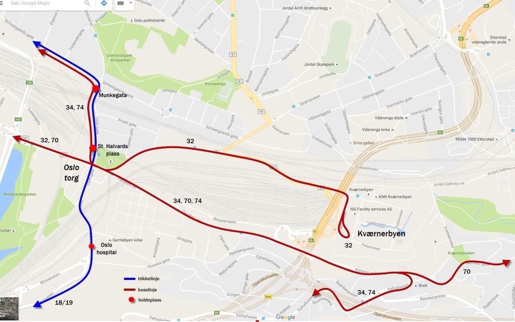 Dagens situasjon Følgende bussruter har i dag trasé over Oslo torg (Bispegata x Oslo gate): 32 Kværnerbyen kjører Dronning Eufemias gate Bispegata St.