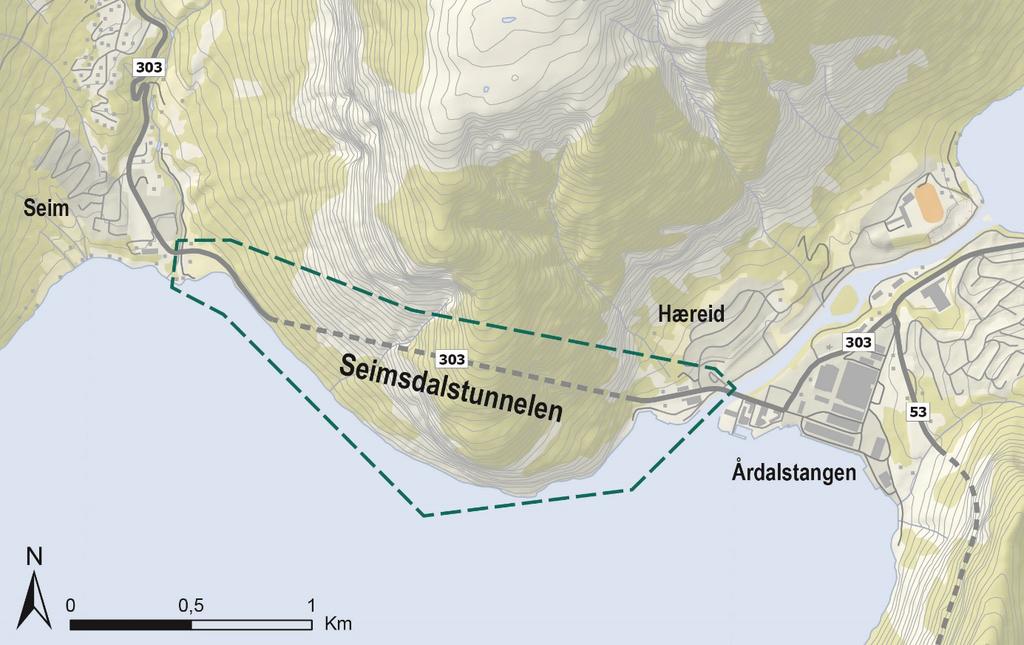 Innleiing Reguleringsplanen gjeld utbetring av fv. 303 Seimsdalstunnelen i Årdal kommune. Eksisterande tunnel er låg og smal, og skal utbetrast til «normal» køyrebreidde og med separat gs-veg.