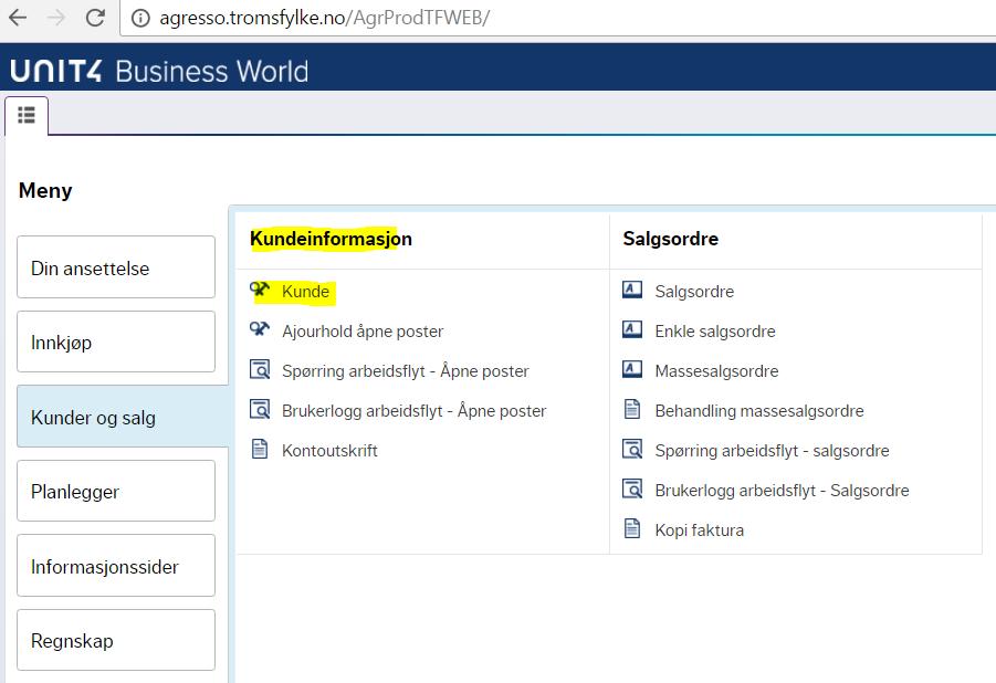For å opprette ny- eller endre eksisterende kunde går du til Unit4 Web-menyen Kunder og salg / Kundeinformasjon / Kunde. 2.