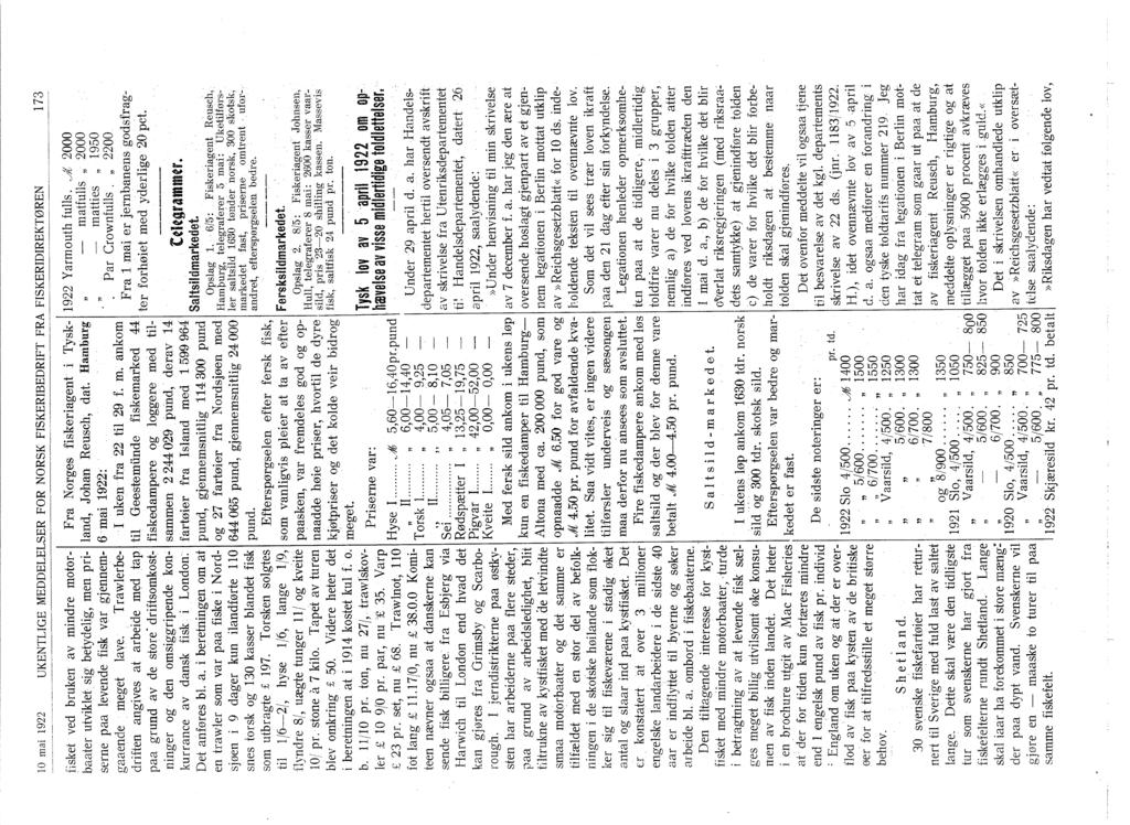 10 mai 1922 UKENTLGE MEDDELELSER FOR NORSK FSKERBEDRFT FRA FSKERDREKTØREN 173 fisket ved bruken av mindre motorbaater utviklet sig betydelig, men priserne paa levende fisk vc;1r gjennemgaaende meget