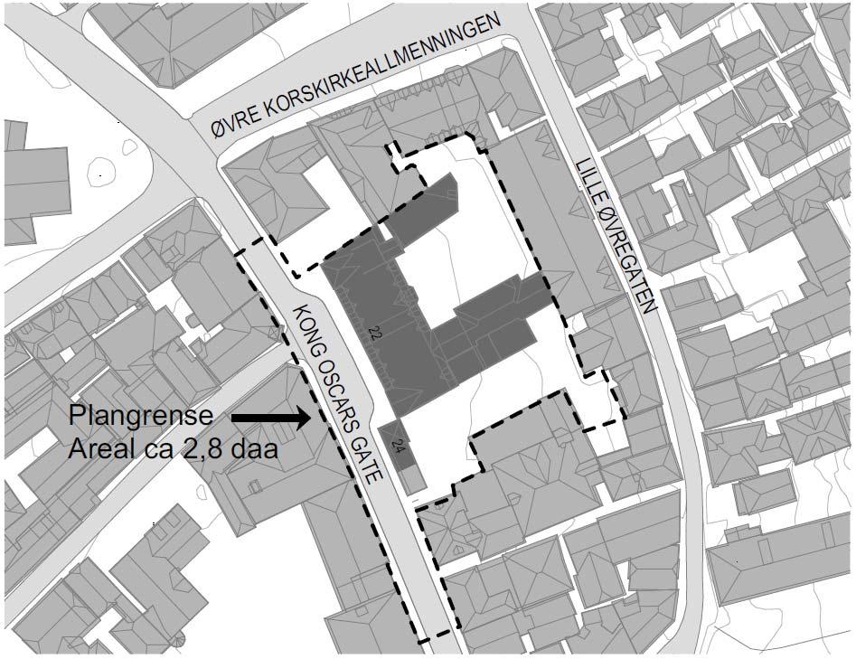 Planområdet ligger i Kong Oscars gate 22-24 i Bergen sentrum. Planområdet omfatter ca. 2,8 daa, og omfatter i tillegg til de to nevnte adressene også en strekning av Kong Oscars gate i vest.
