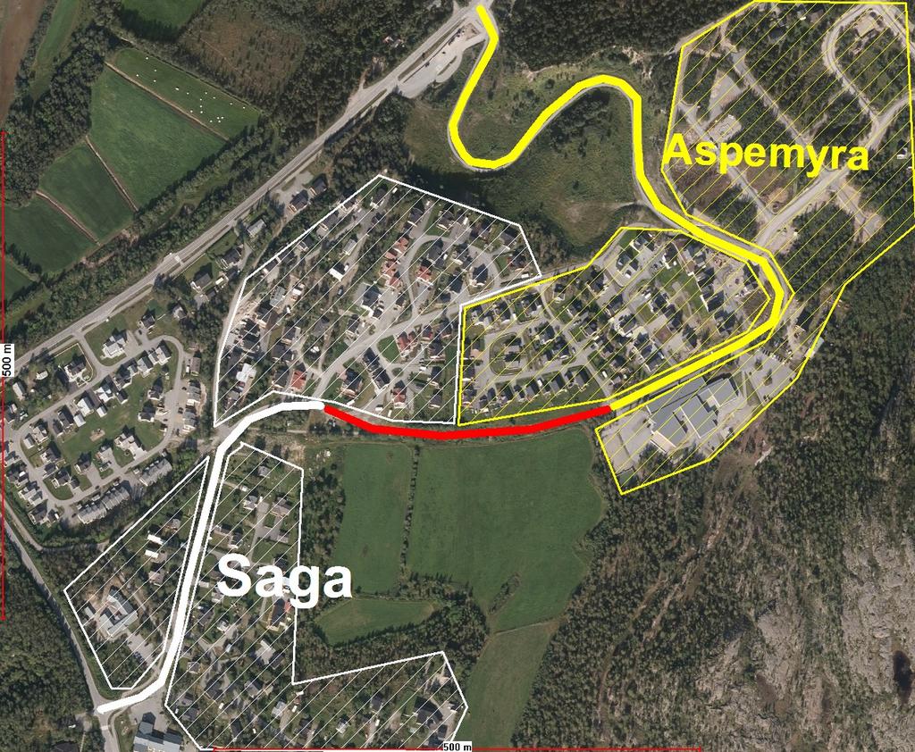 Sak 1/17 Tidligere vegforbindelse mellom de to kommunal vegene Saga (hvit) og Aspemyra (gul) er i dag stengt for biltrafikk.