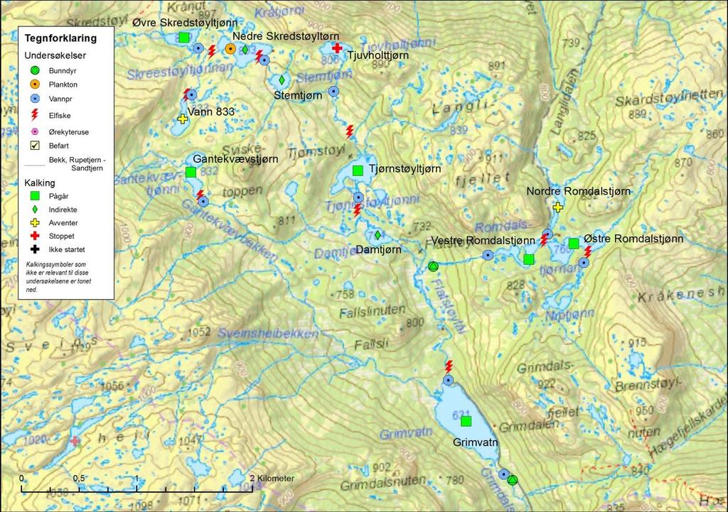 Side 11 av 21 Vrådal Fiskelag Kart 2.1: Innsjøer tilknyttet Vrådal Fiskelag med symboler for elfiske, plankton-, bunndyr- og vannprøver. Innsjøene som kalkes i Vrådal fiskelag ble undersøkt 10. 11. november 2015.