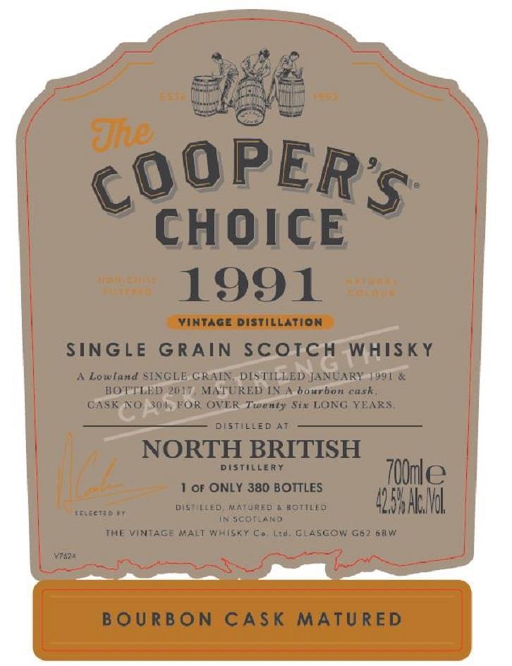 Coopers Choice North British 1991 26 yo #304 Destillert på North British i januar 1991, tappet i 2017. Lagret ex-bourbon, fat nr 304, i over 26 år.