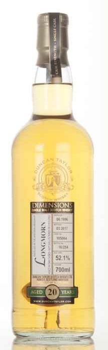 Duncan Taylor Dimensions Longmorn 1996 20 yo Destillert på Longmorn i 1996, lagret i 20 år i fat 105064 Farge: Lys gylden Nese: Lett, elegant frokostblanding, brunt sukker og moden søthet.