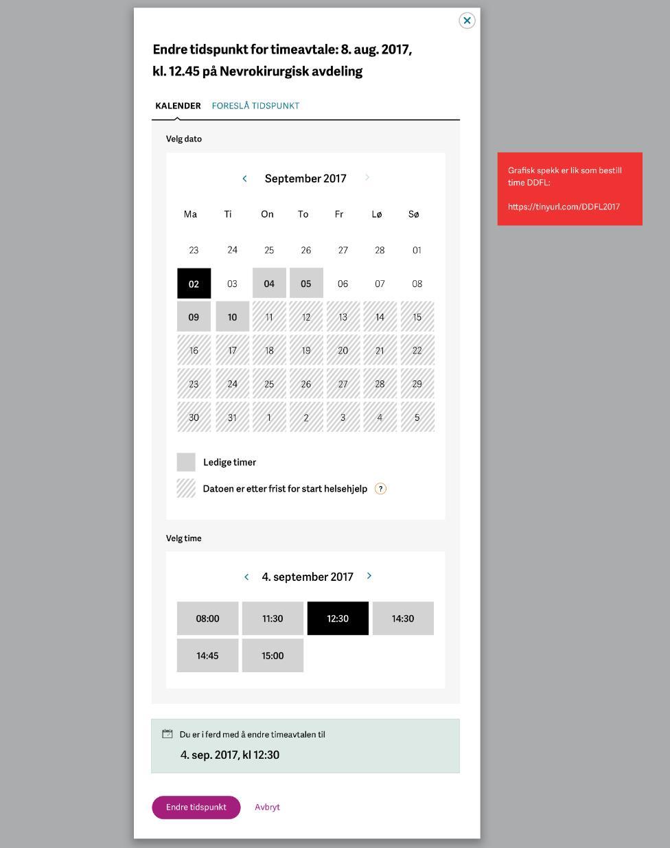 Innbygger kan navigere i kalender for å finne ledig tid som passer og velger dette Innbygger får oversikt over opprinnelig time og nytt tidspunkt og bekrefter