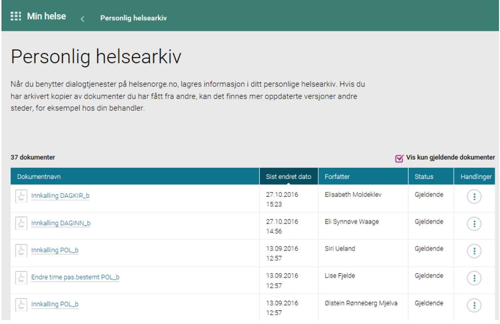 Personlig helsearkiv Innbyggers personlige arkiv på helsenorge.no. Innbygger må aktivt samtykke for å benytte personlig helsearkiv.