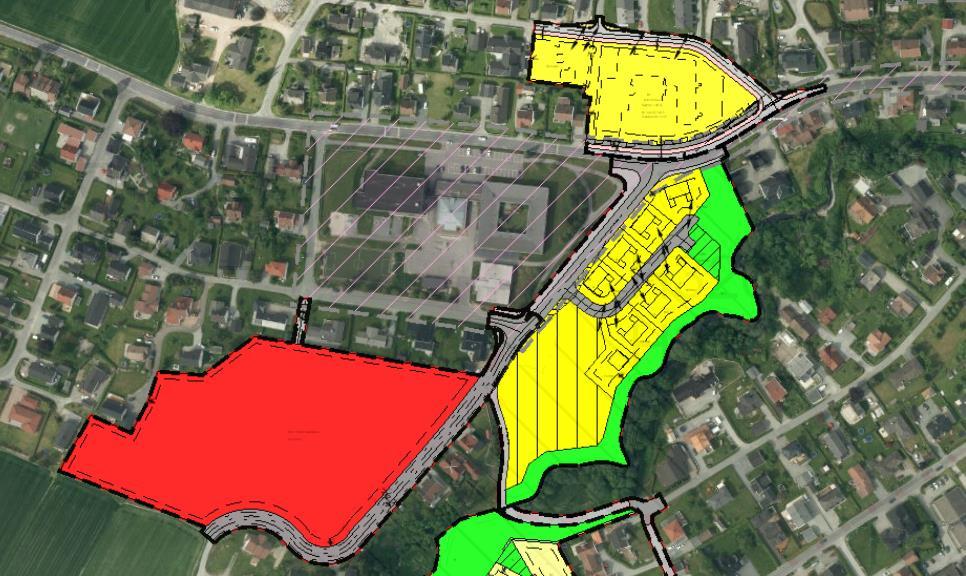 Kommuneplanen stiller krav til utnyttelsesgrad, parkeringsdekning og at skole/idrettshall skal tilrettelegges som lokale møteplasser.