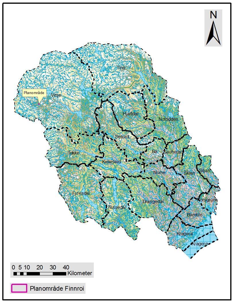 Bakgrunn og sammendrag I forbindelse med reguleringsplanarbeid for Finnroi i Vinje kommune i Vest-Telemark er det blitt utført en arkeologisk registrering innenfor det berørte området (figur 2).