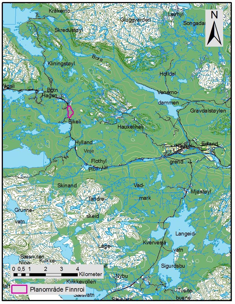 Området Planområdet ligger i Vinje kommune i Vest-Telemark (figur 2,4 og 5). Planområdet strekker seg øst for og langs E134. Europaveien danner den vestre avgrensingen av planområdet.