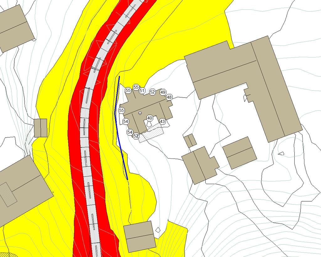 Figur 3: Støysonekart i 1,5 meters høyde, Gul sone Lden 55dB- 65 db, Rød sone Lden 65 db. Blå strek symboliserer støyskjerm. Figur 4 viser et 3D-utsnitt av fasadenivåene i situasjonen med støyskjerm.