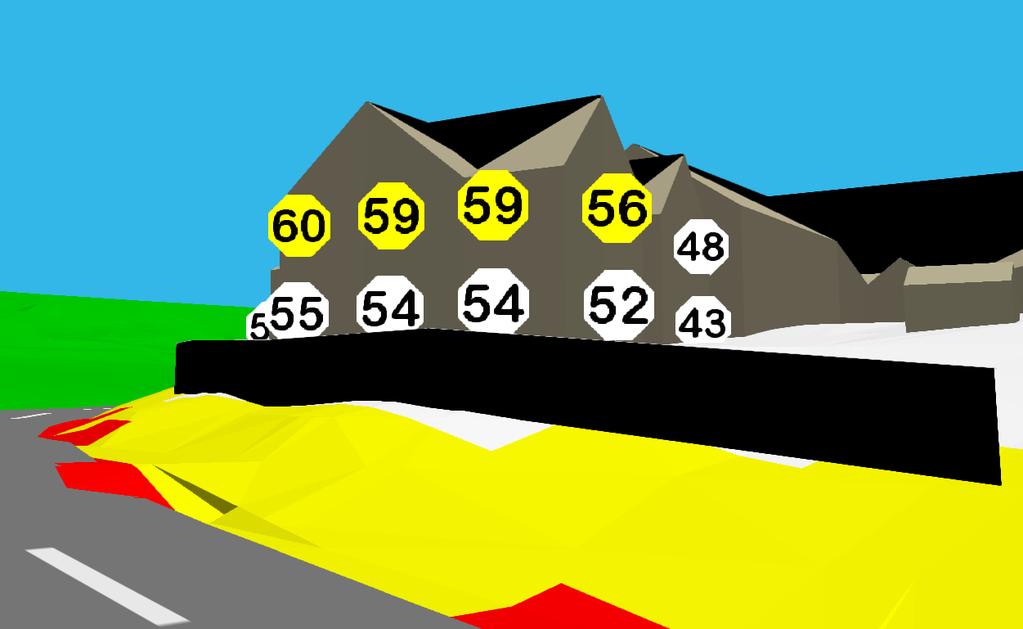 Figur 4: Beregnet fasadenivå, Lden, med støyskjerm. 6 Oppsummering Deler av eiendom, gnr/bnr 98/1, og boligens fasader mot Stokksundveien, fv. 723, havner i gul sone.
