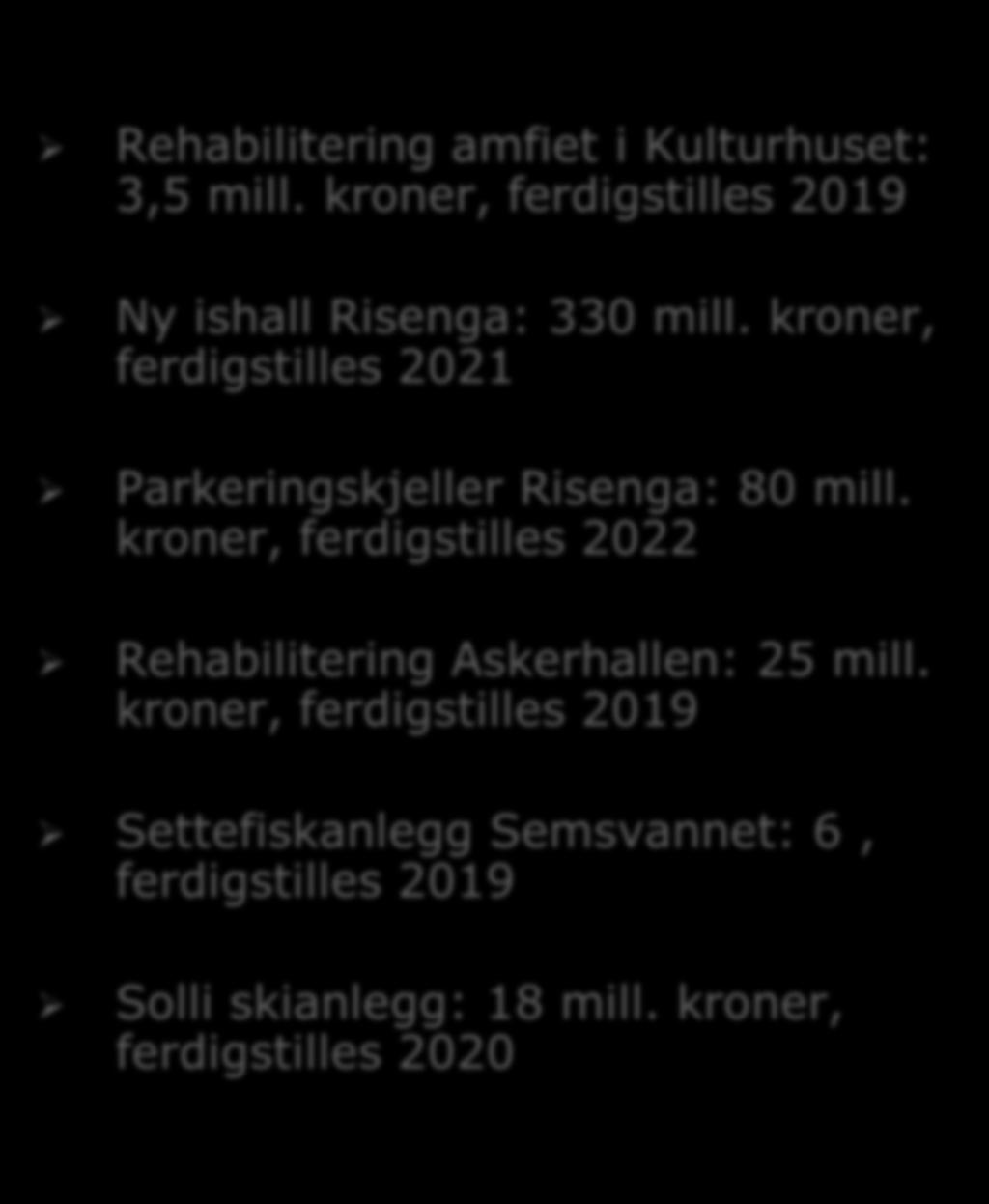 Investeringer Kultur, frivillighet og fritid Rehabilitering amfiet i Kulturhuset: 3,5 mill. kroner, ferdigstilles 2019 Ny ishall Risenga: 330 mill.