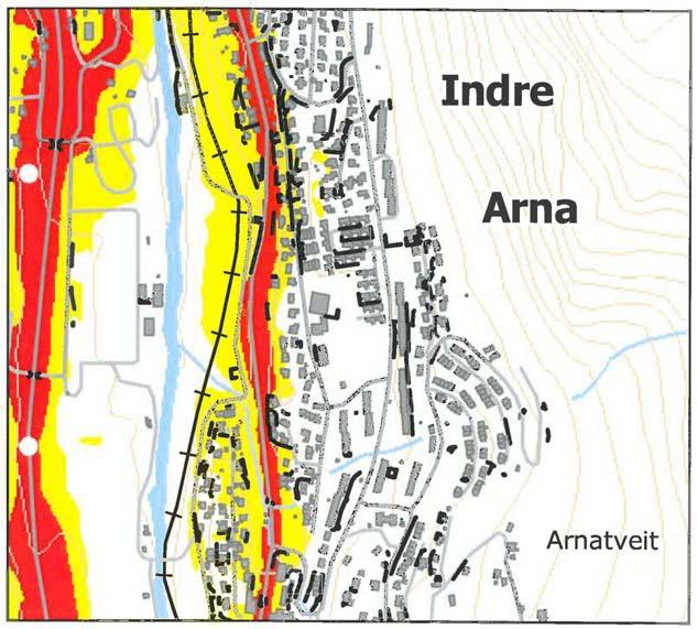 Figur 26. Støysonekart Indre Arna. (www.vegvesen.no) Offentlig kommunikasjon/ kollektivdekning Bussrute mellom Nesttun og Arna terminal kjører via Stølsvegen i Indre Arna.