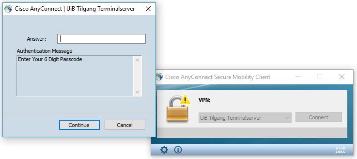 Cisco AnyConnect Secure Mobility Client dialogboksen forsvinner fra skjermen, men et lite ikon har dukket opp i statusvinduet i nedre, høyre del av skjermen.