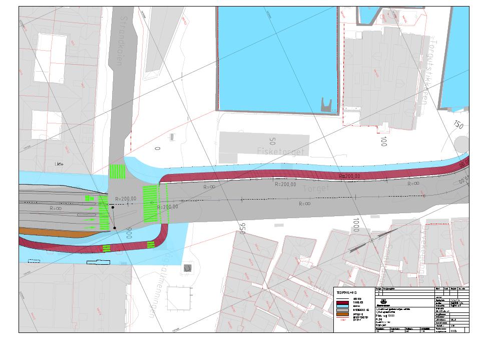 Løsning på Torget Over Torget er det to felt for blandet trafikk retning nord. Mot sør er det et kjørefelt, med utvidelse til to felt mot krysset Torgallmenningen/Strandkaien.