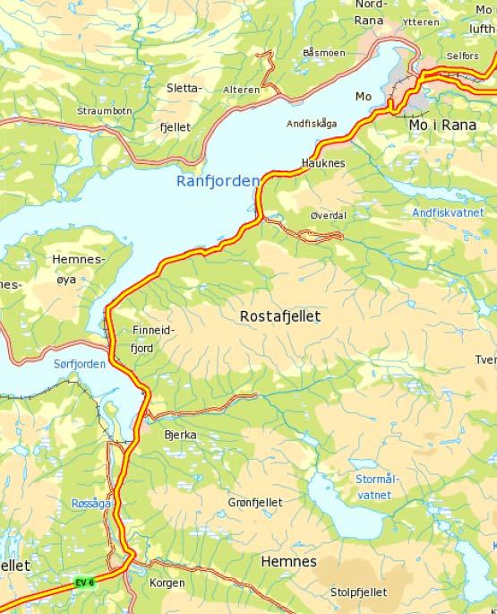 E6 på Helgeland Alternative utbyggingsmuligheter SAMMENDRAG 5 Strekningen Mo-Korgen Bom Skamdal Tiltak på strekningen Strekningen utgjør 37 km.