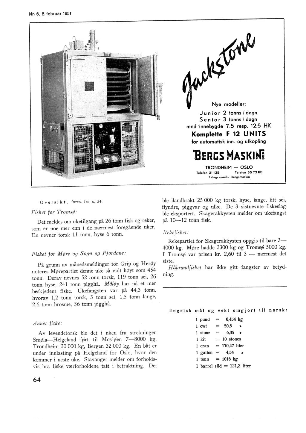 Nr. 6, 8. februar 1951 Nye modeer: J u n i o r s døgn Se n i o r 3 s døgn med 'innebygde 7.5 resp. 1.5 HK Kompette F 1 UN ITS for automatisk inn og utkoping iercs MASK TRONDHEIM OSLO Teefon 1135 Teefon 55 73 SO Teegramadr.