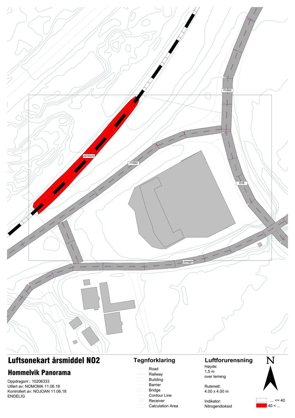 Figur 5-2: Spredningsberegninger av årsmiddel NO2 for planforslaget, soneinndelt i