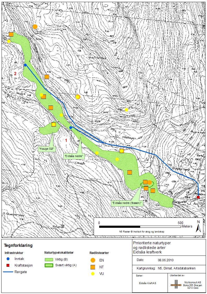 Konsesjonssøknad for utbygging av Eidsåa Kraftverk 21 Figur 8. Oversikt over naturverdier i influensområdet. Øvre alternativ merket som 2, nedre som 1.