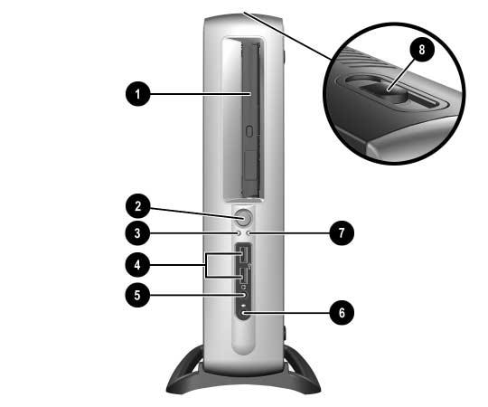 Produktfunksjoner Komponenter på frontpanelet 1 MultiBay 2 Strømbryter med dobbelt funksjon 3 Strøm på-lys 4 USB-kontakter (Universal