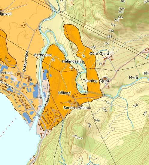 Fig. 4. Utsnitt av fra grus- og pukkdatabasen til NGU. Planområdet omfatter deler av forekomsten Håland. Planleggingen tilrettelegger for at en viktig georessurs kan utvinnes og foredles.