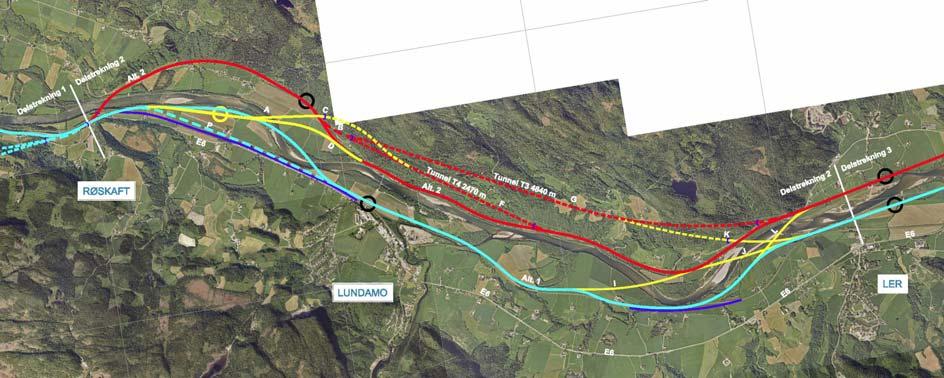 Figur 2: Utsnitt av delstrekning 2, fra Røskaft til Ler. 2.1.3 Delstrekning 3, Ler-Skjerdingstad Mellom Ler og Skjerdingstad fortsetter alternativene på hver sin side av Gaula.