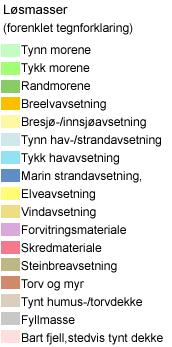 Løsmassekart fra NGU sine nettsider (vist over), viser antatte grunnforhold. Løsmassene i det aktuelle området er angitt som «Marin strandavsetning» (blå farge) og «Tykk morene» (grønn farge).
