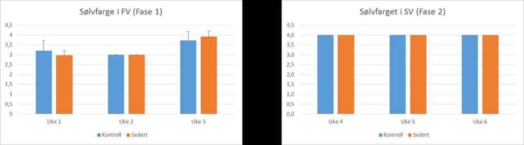 Figur 14 Grad av sølvfarge i fase 1 (Ferskvann) og fase 2 (Sjøvann) (1=ingen; 2=svak; 3=synlig; 4=sølvfarget (Pharmaq Analytiq). Figur 15 viser skjelltap hos sedert og ikke sedert fisk i fase 1 og 2.