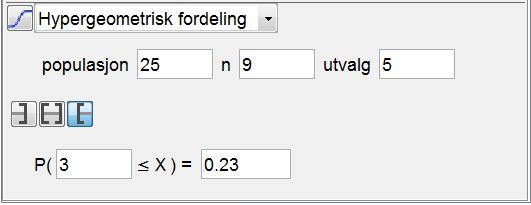 Vi trekker tilfeldig 5 kuler fra bollen uten tilbakelegging, og leser av tallene. b) Bestem sannsynligheten for at vi trekker ut akkurat primtall. Vi har en hypergeometrisk situasjon.