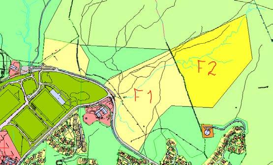 Utsnitt av kommuneplanen F1 og F2 Kodlidalen Detaljreguleringsplanen for felt F1 i Kodlidalen dekker til sammen et areal på 84 dekar. Av dette er 47 dekar avsatt til bebyggelse og anlegg, dvs.