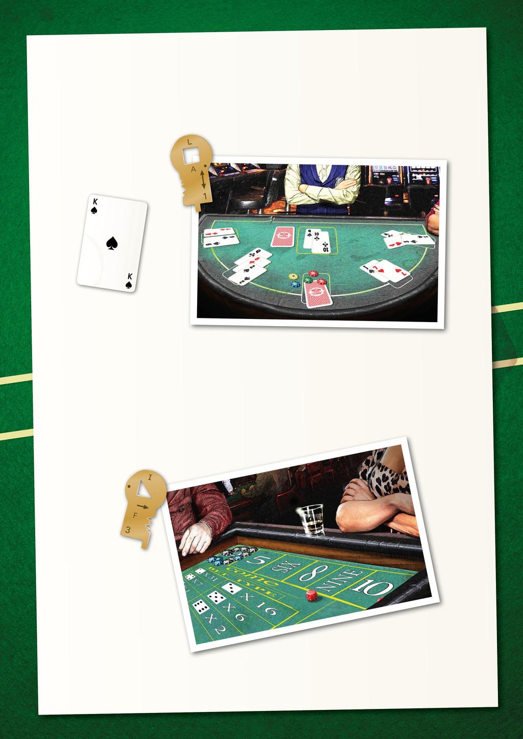 Blackjack Du har et kort i hånden, spar konge (= 10 poeng) og et skjult kort på bordet. Du kan finne verdien av kortet på baksiden av croupieren.