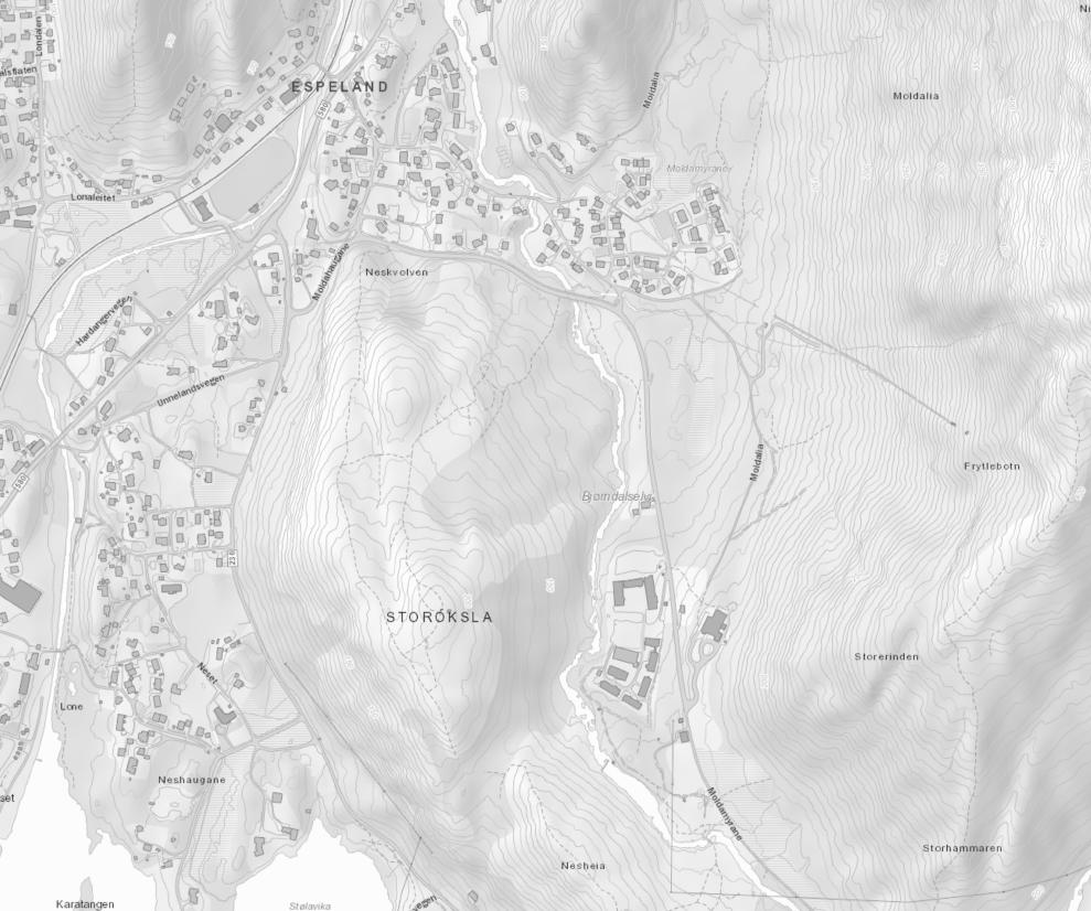 Side 2 av 7 LOKALISERING Figur 1: Oversiktskart som viser lokalisering av planområdet Det aktuelle arealet ligger på Moldamyrane på Espeland i Arna, og gjelder tilgrensende areal til tomten for