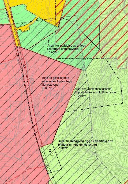 Område 1 er i KPA 2016 vist som Grønnstruktur, mens område 2 er LNF.