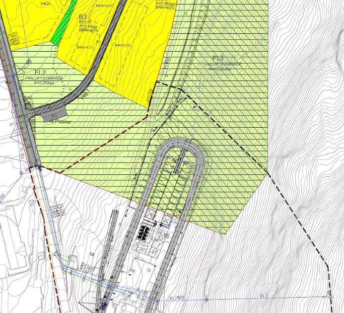 Figur 3: Plangrense lagt over utsnitt fra KPA 2016. Utvidelse av tjenesteyting er foreslått i områdene betegnet som område 1 i nord og område 2 i sør.