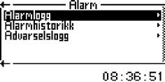 Feil 3 Feil Menyen Alarmer inneholder: Alarmlogg Alarmhistorikk Advarselslogg B Slett Advarselslogg og Alarmlogg når oppstarten er utført. 3.3 Eksempel på alarm: Når en alarm utløses, blir det vist en melding i displayet, og et varselsignal lyder.