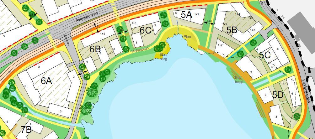 Figur 7. Utnsitt av illustrasjonsplan Alt 1. Figur 8. Støysoner fra veg og Bybane. 5.2.3 Delområde 7 Delområde 7 er definert til sentrumsformål i Alt 1 og blandet forretning/kontor/bolig i Alt 2.