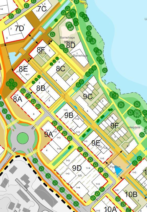 4 Delområde 8 og 9 I Alt 1 reguleres delområde 8 til sentrumsfromål og delområde 9 til bolig/forretning/kontor, bolig/forretning eller bolig.