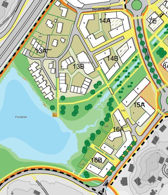 Felt 13 A reguleres til boligbebyggelse, 13B reguleres til forsamlingslokale og hele delområde 14 og 15 reguleres til blandet formål bolig, forretning og kontor.