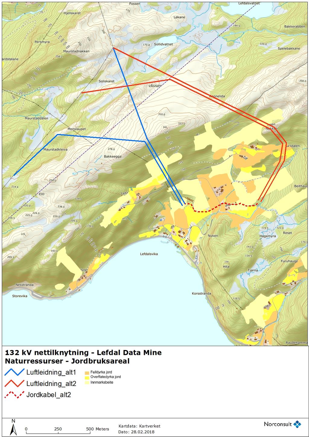 Oppdragsnr.: 5180137 Dokumentnr.: 03 Versjon: E03 132 kv nettilknytning Lefdal Mine Datacenter Konsekvensvurdering Figur 7-2. Jordbruksareal i Lefdal.