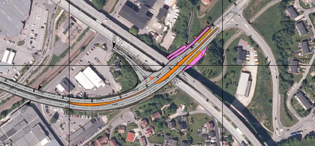 I den vestre delen av området avsluttes kollektivfeltet cirka 150 meter vest for sentraløyen i kryss 1. To utsnitt fra tegningen av alternativ 1 er vist i figur 7 og figur 8.